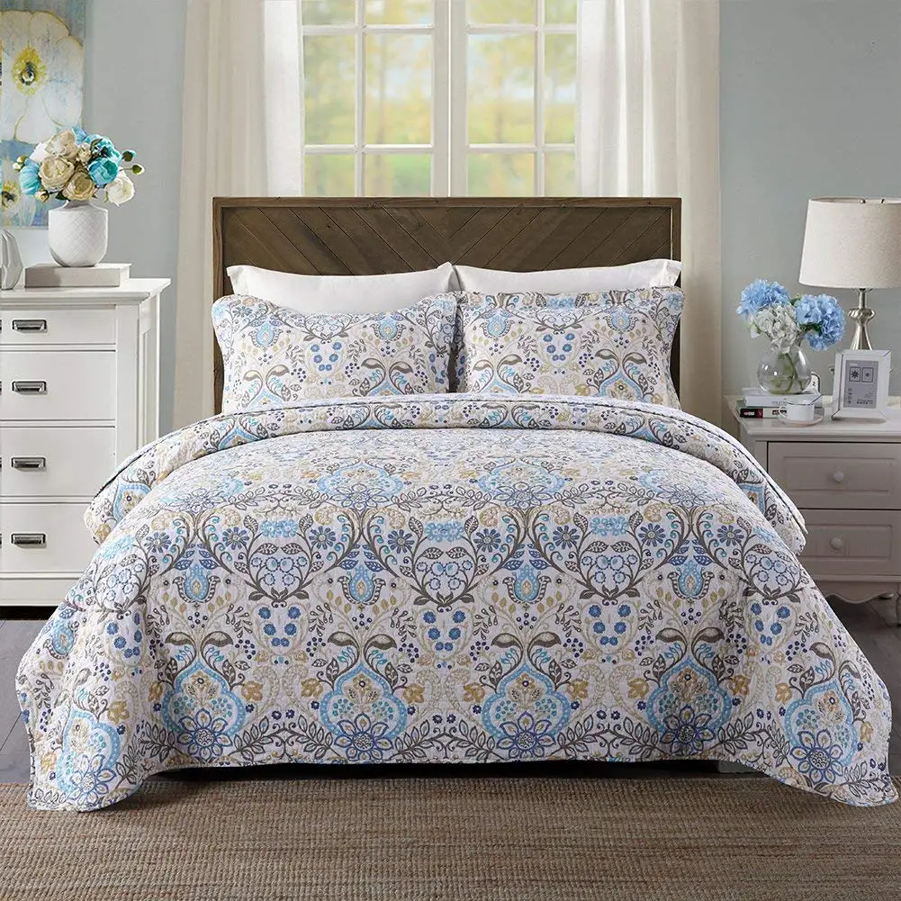 Gray Moroccan Style NEWLAKE Cotton Bedspread Quilt Sets-Reversible Patchwork Coverlet Set King Size