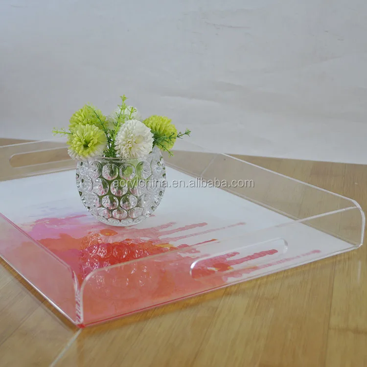 Customized Clear Rectangle Plastic Serving Trays With Chrome Handles
