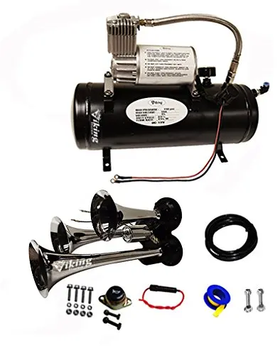 Viking Horns 3305/301 Loud 142 Decibles Chrome 3 Trumpet Train Air Horn Kit With 1.5 Gallon Air Tank/air Compressor