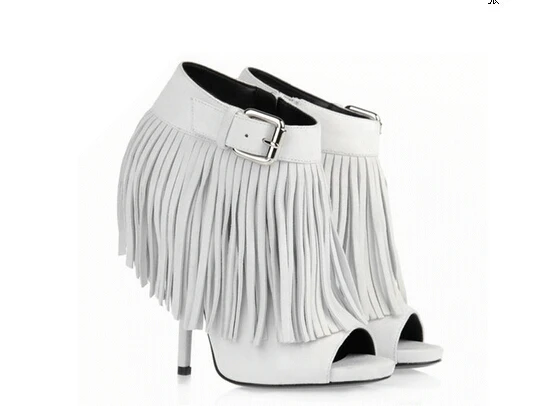 white fringe heels