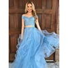 Blue Tulle Gorgeous Long Prom Dresses Two Piece Off Shoulder Party Wear Evening Dress with Appliques