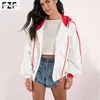 High quality trendy Ladies White spliced red hooded sports windproof jacket