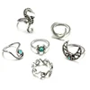 Retro alloy seahorse moon turquoise spray 6 pieces finger ring sets