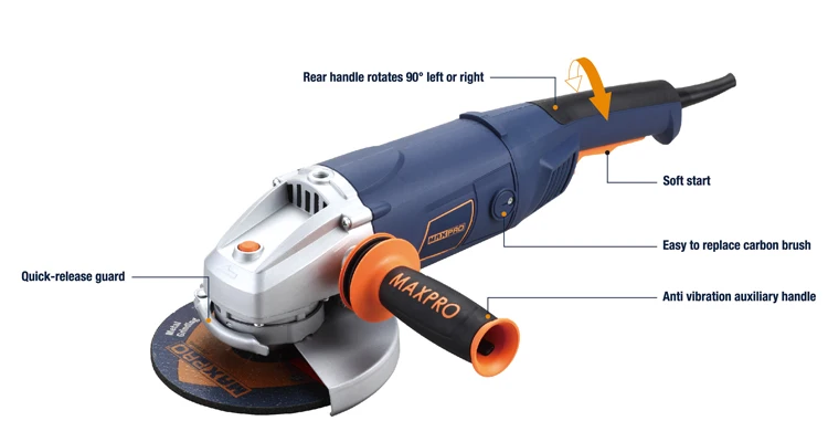 MAXPRO MPAG2000/180QG High quality 180mm 2000W Electric Angle Grinder with Anti-vibration auxiliary handle