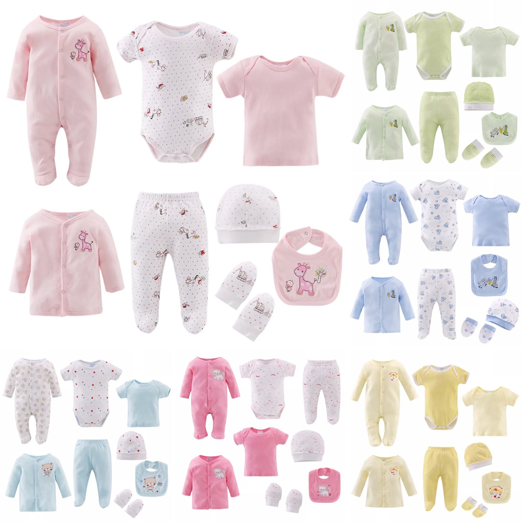 Whosale Newborn Baby Clothing Set Baby Unisex 8 Pieces Hat Mittens Bib