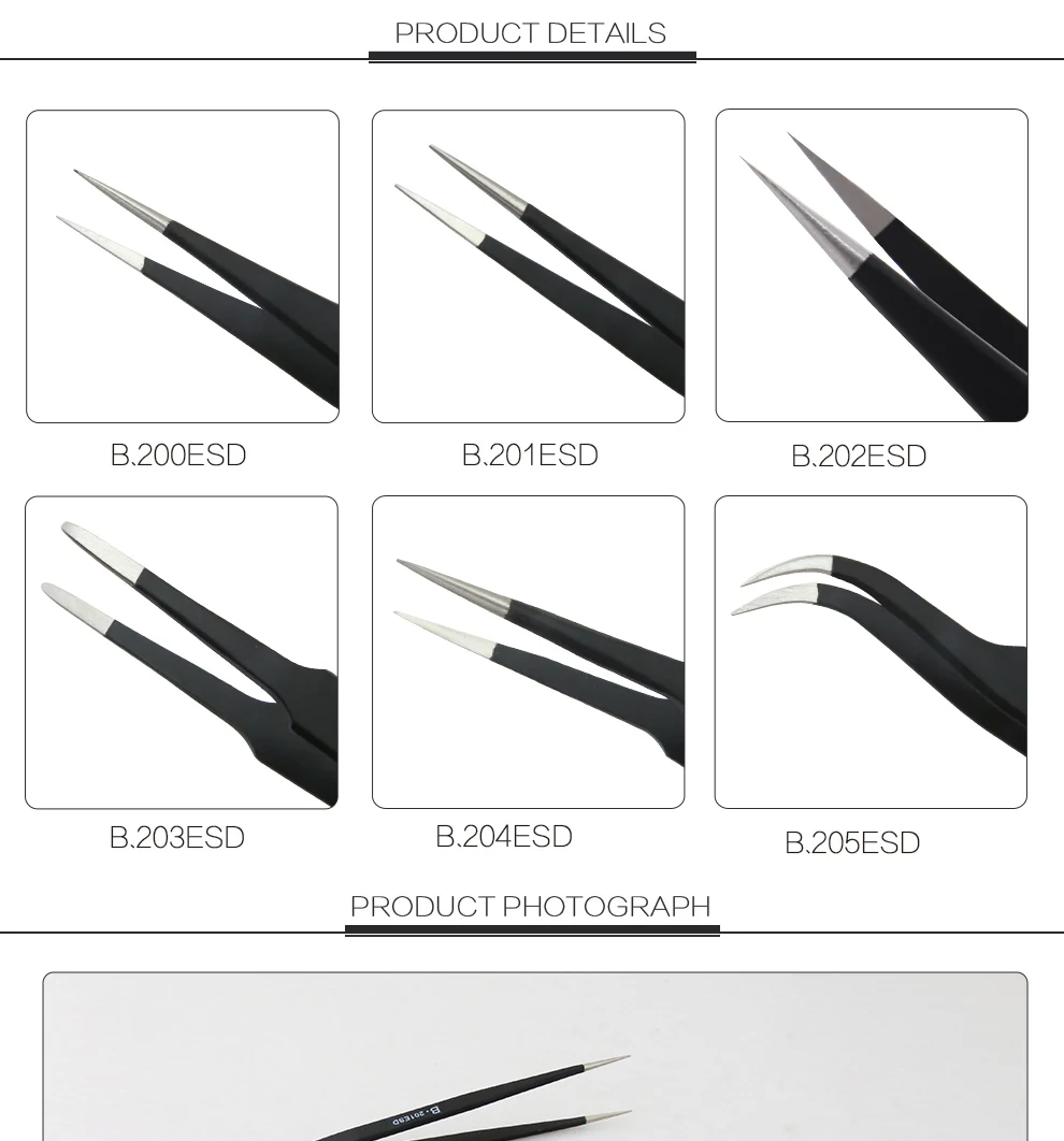 Anti-static ESD Stainless Steel Tweezers repair Maintenance Tools Industrial Precision Curved Straight Tweezers