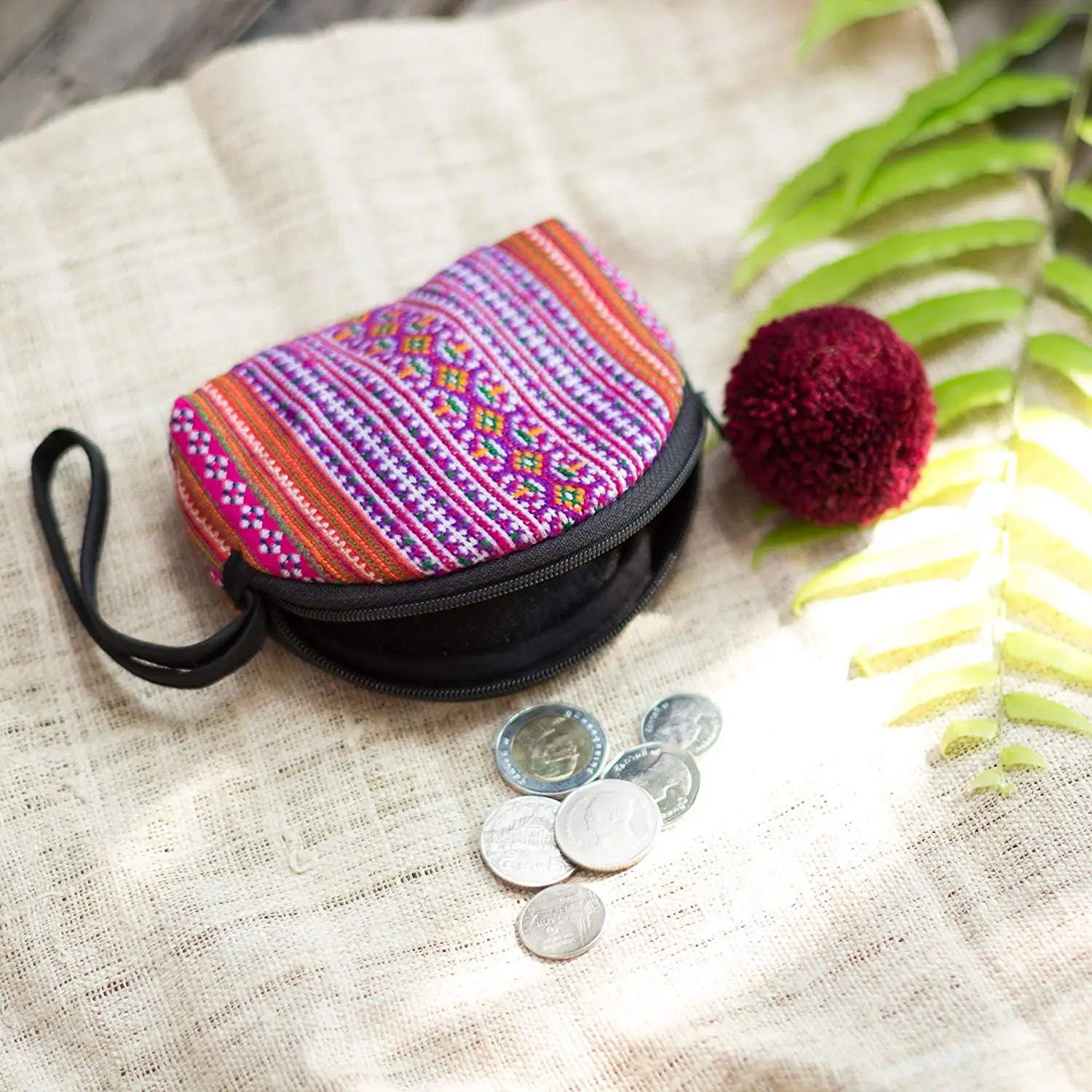Changnoi Vintage Hmong Hill Tribe Embroidered Coin Purse for Women, Fair Trade Handcrafted Coin Pouch with Pom Pom Zip Pull, Gift Purse