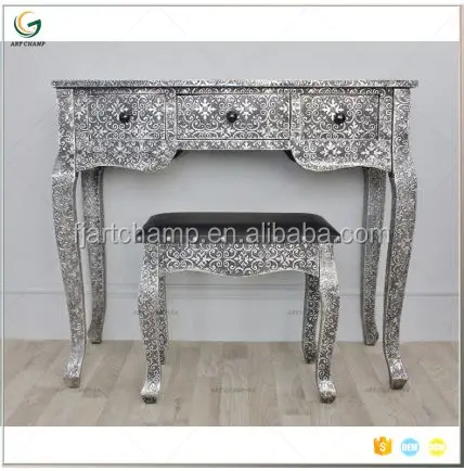 Blackened Silver Metal Embossed Mirrored Dressing Table Furniture