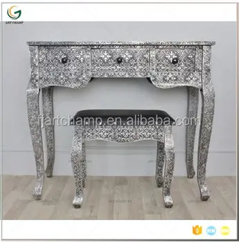 Blackened Silver Metal Embossed Mirrored Dressing Table