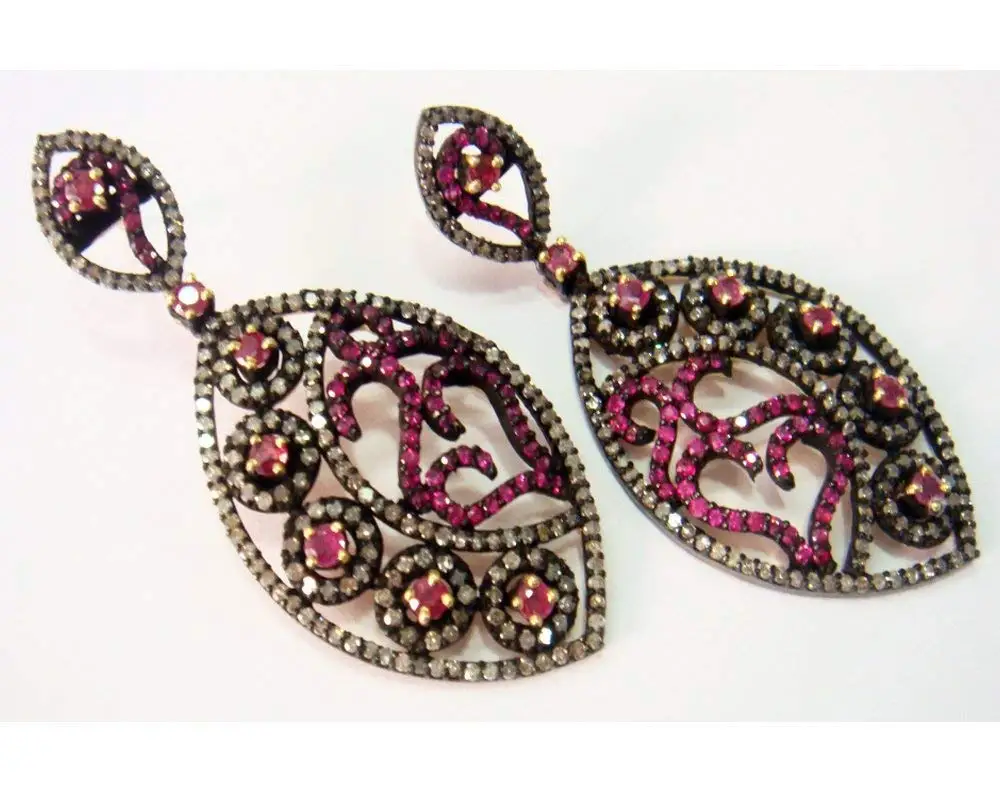Victorian Reproduction Diamond Earrings - Pave Diamond Earrings - Ruby Diamond Earrings - High Diamond Earrings - Rose Cut Earrings