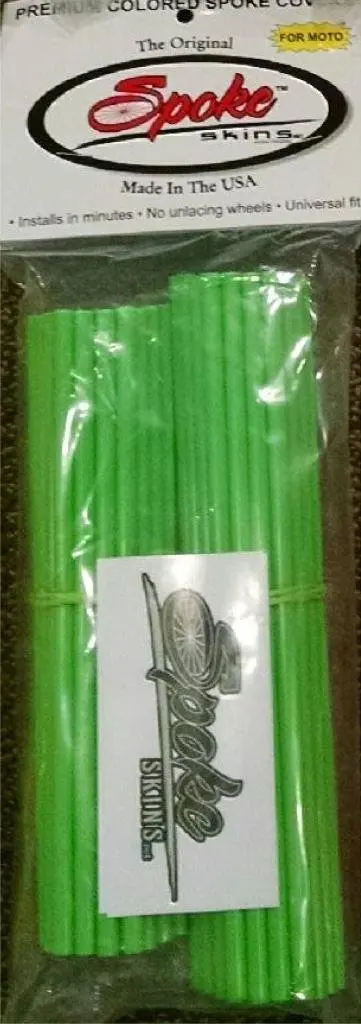 The Original Spoke Skins, Motorcycle, Bicycle and Dirt Bike Spoke Skins- GREEN - Size MOTO- Fits 18"-21" rims. Quantity of 38 front skins at 8.5 inches in length and 38 rear skins at 7.5 inches in length. Total quantity of 76 skins to complete 2 wheels.