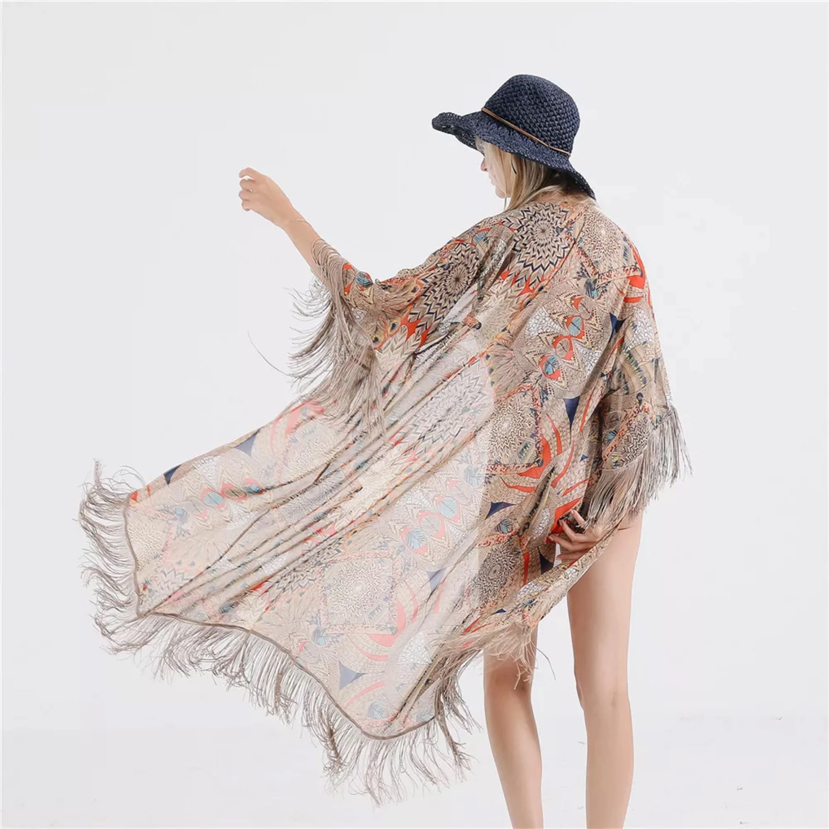 british style printed fringe cover up beachwear k