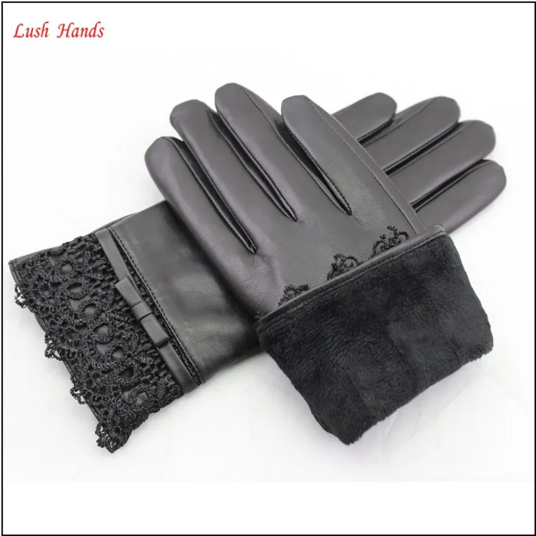 ladies sheepskin leather hand gloves with lace black