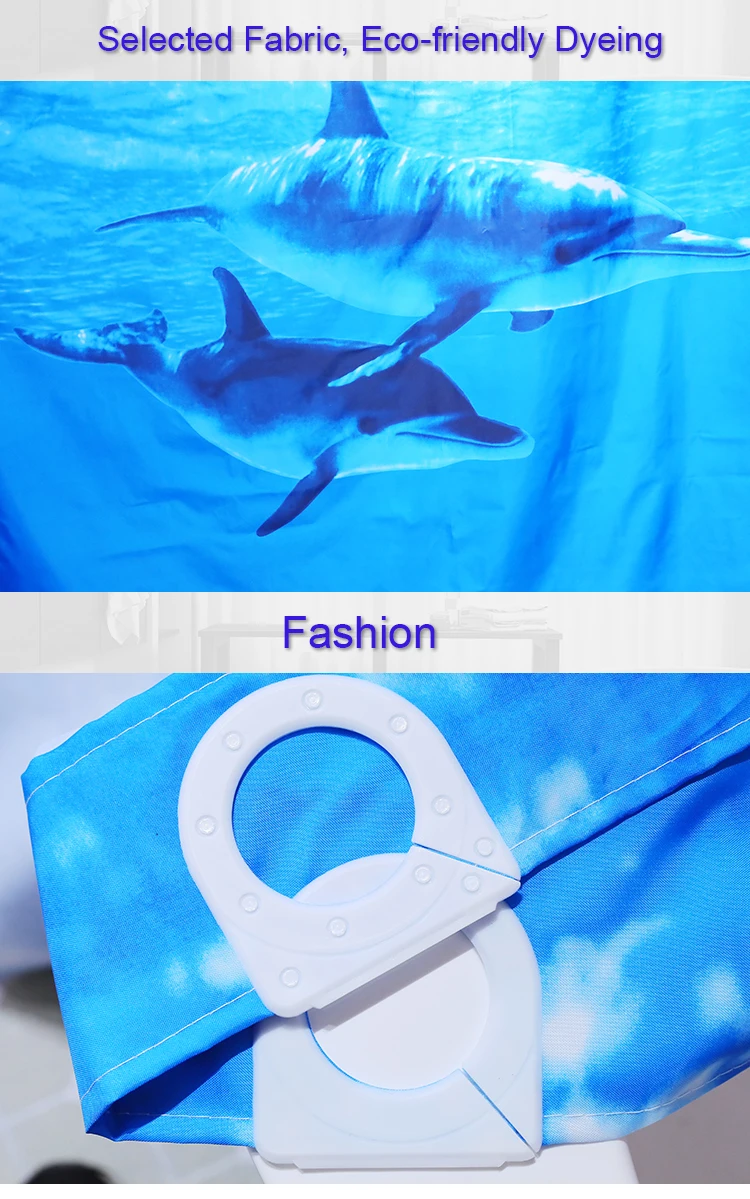 Panel Printed Ocean Style Fish Dolphin Printed Hookless Shower Curtain