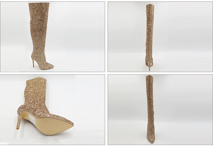 Customized Stiletto Thigh High Glitter Gold Color Knee High 2021 Sequin Shimmer Crystal Ladies Knee High Clear Thigh Boots Shoes
