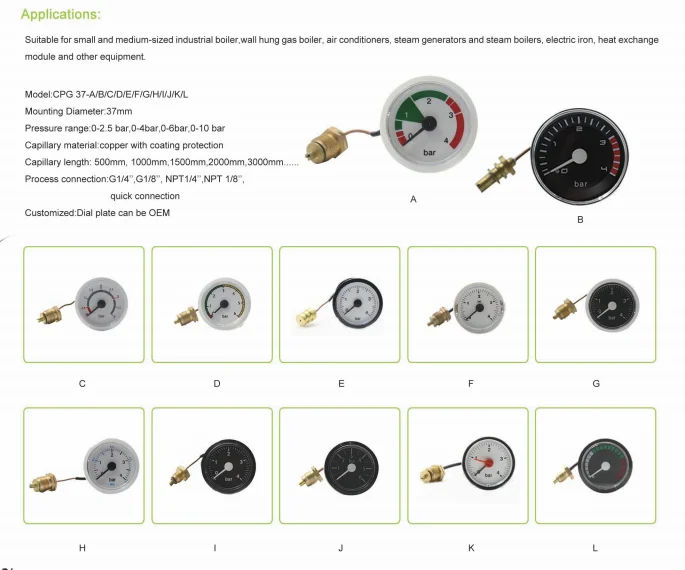 4 Bar Capillary Pressure Gauge For Boiler Wall Hung Boiler Furnace Air