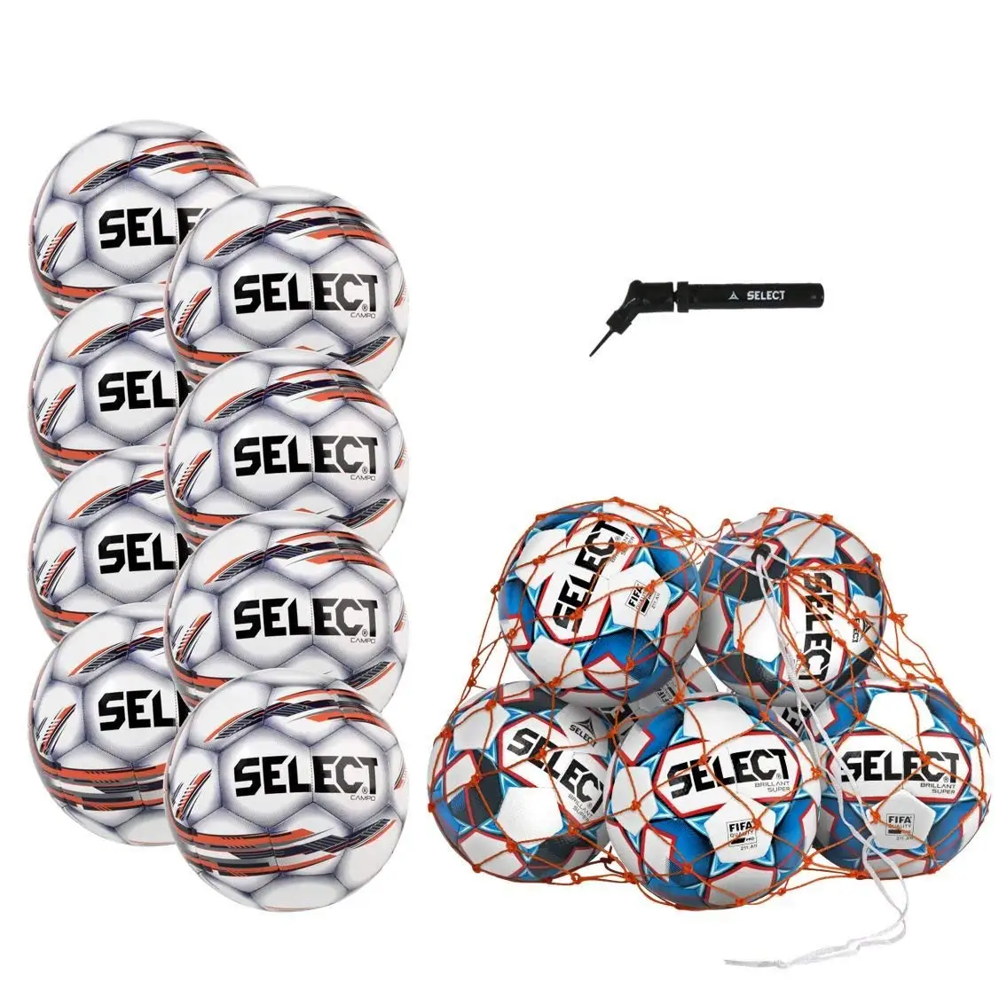 Select Campo Soccer Ball Package - Pack of 8 Soccer Balls Ball Net Hand Pump, White, Size 5