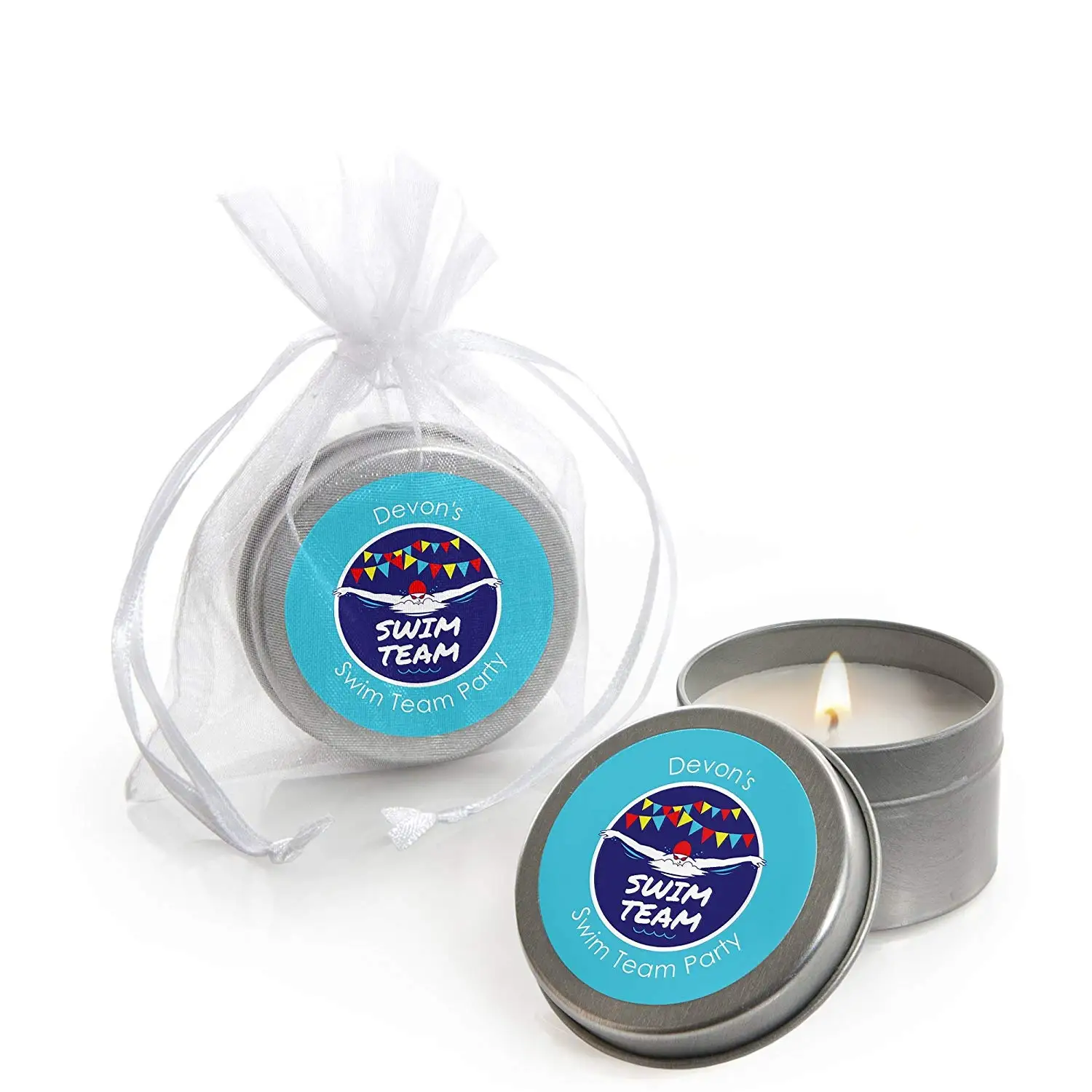 Big Dot of Happiness Personalized Making Waves - Swim Team - Custom Candle Tin Swimming Party or Birthday Party Favors - Custom Text - Set of 12
