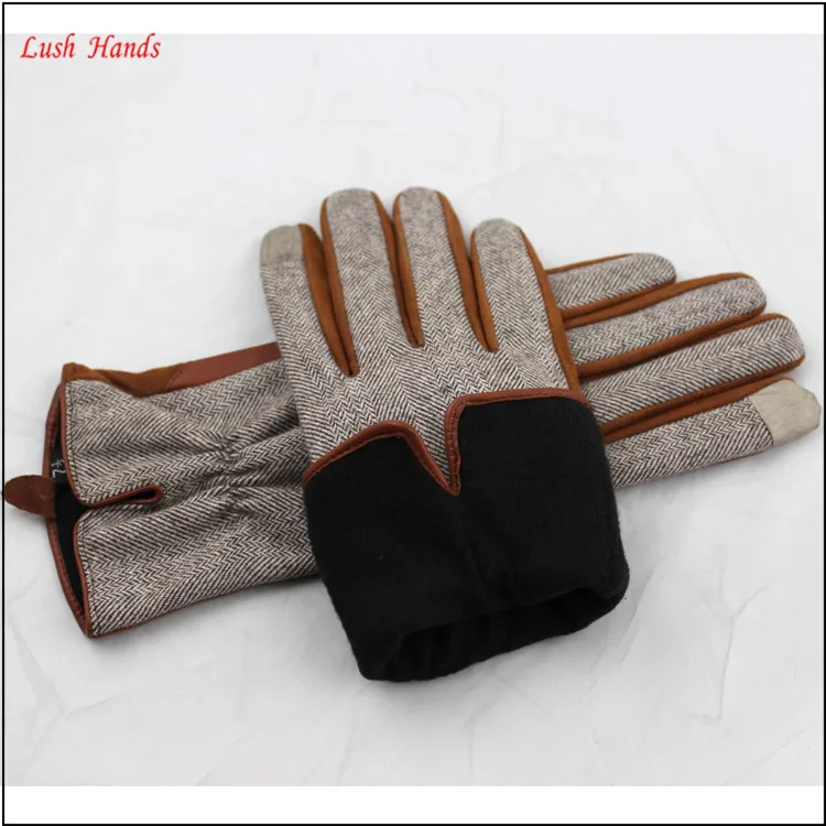 ladies fashion fabric and sheepsuede touch screen leather gloves
