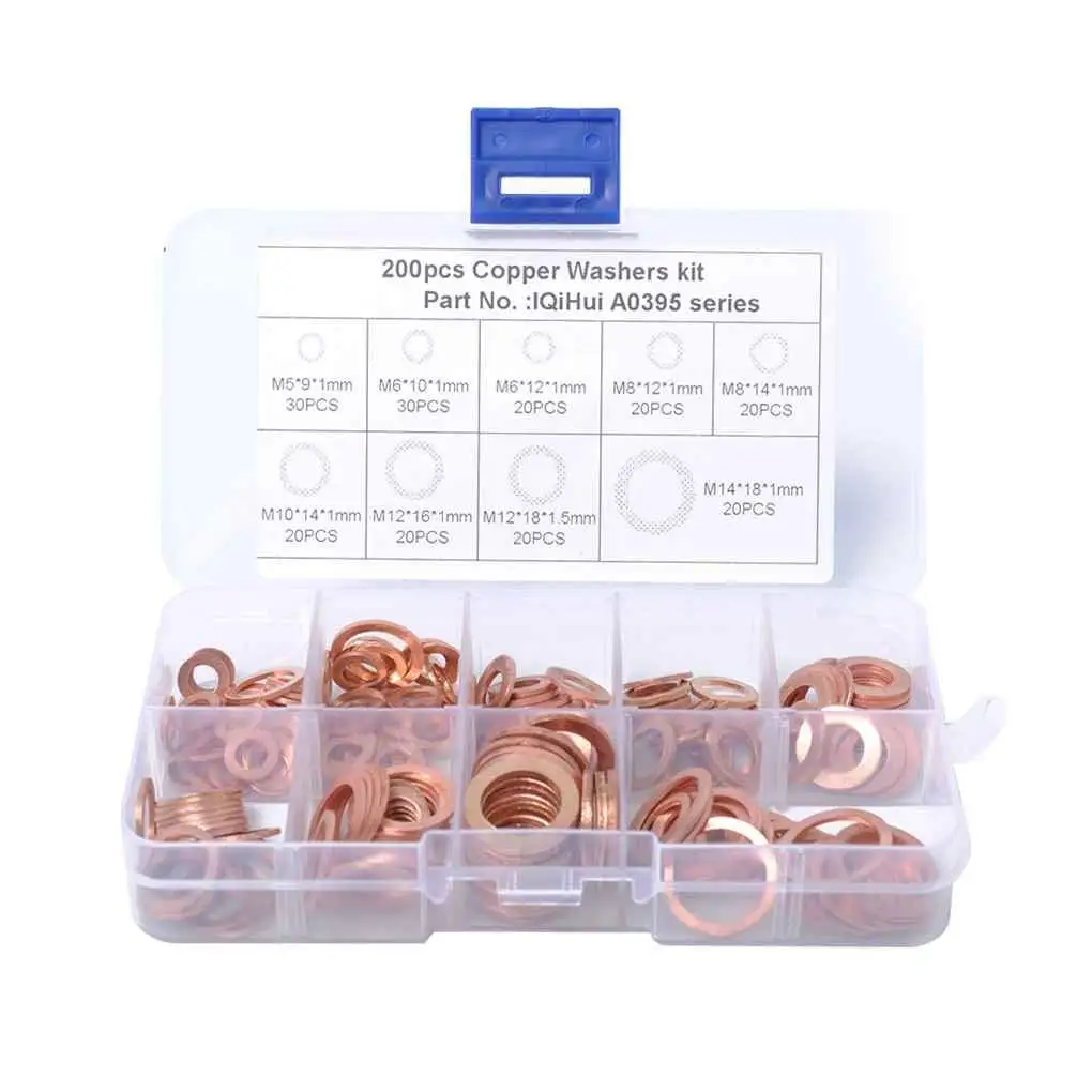 M5-M14 W-200 Hosim 200Pcs 9 Sizes Copper Washers Flat Lock Washers Metric Sealing Gasket Assortment Set