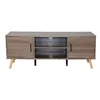 Faux Wood Overlay with Storage Mid century Style TV Stand with Cabinets and Interior Shelves Open Shelf for Flat Screens