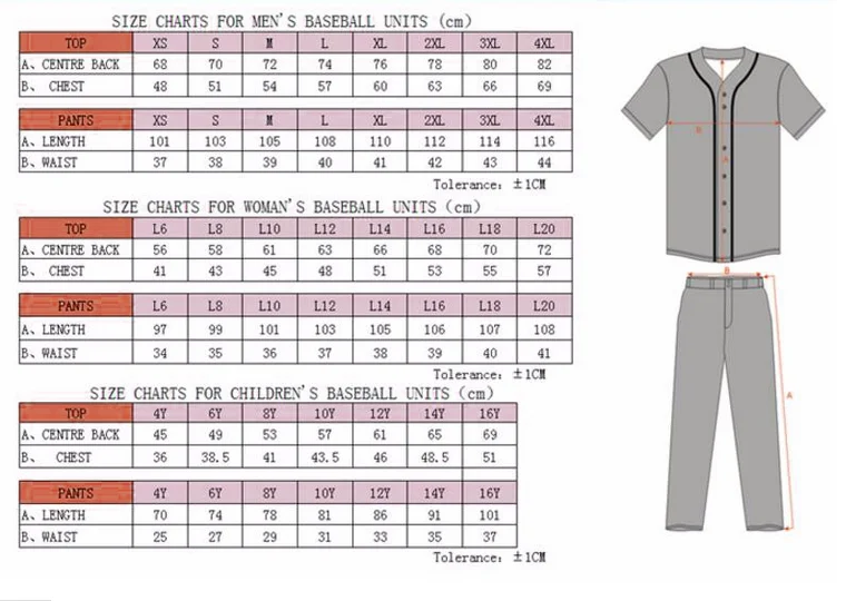 Baseball Uniform Size Chart