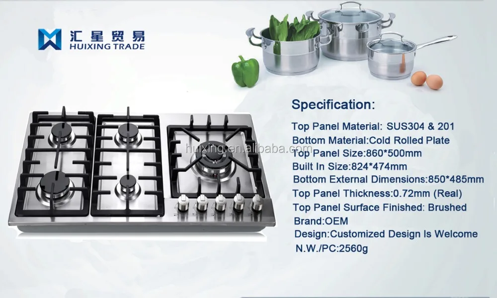 201/304 Stainless Steel Panel Of Builtin 5 Burners Gas Cooktops /gas