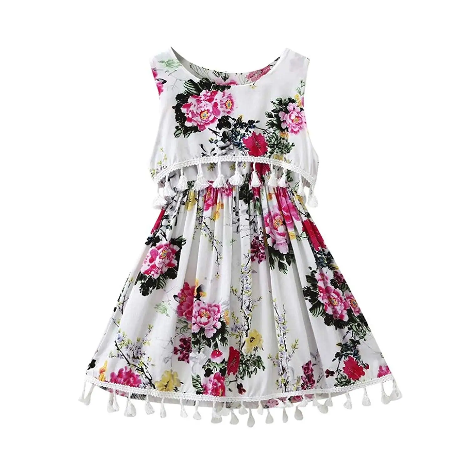 TiTCool Little Girls Summer Vintage Dress, Sleeveless Ethnic Style Tassel Flower Printed Dress Skirt Size 1-4T
