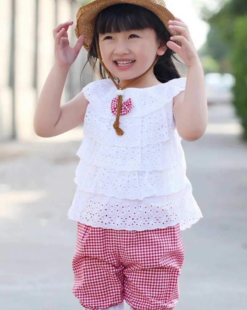 Summer Style Lace T Shirt And Lattice shorts Pants Children Clothing Set Girl Clothes Sets