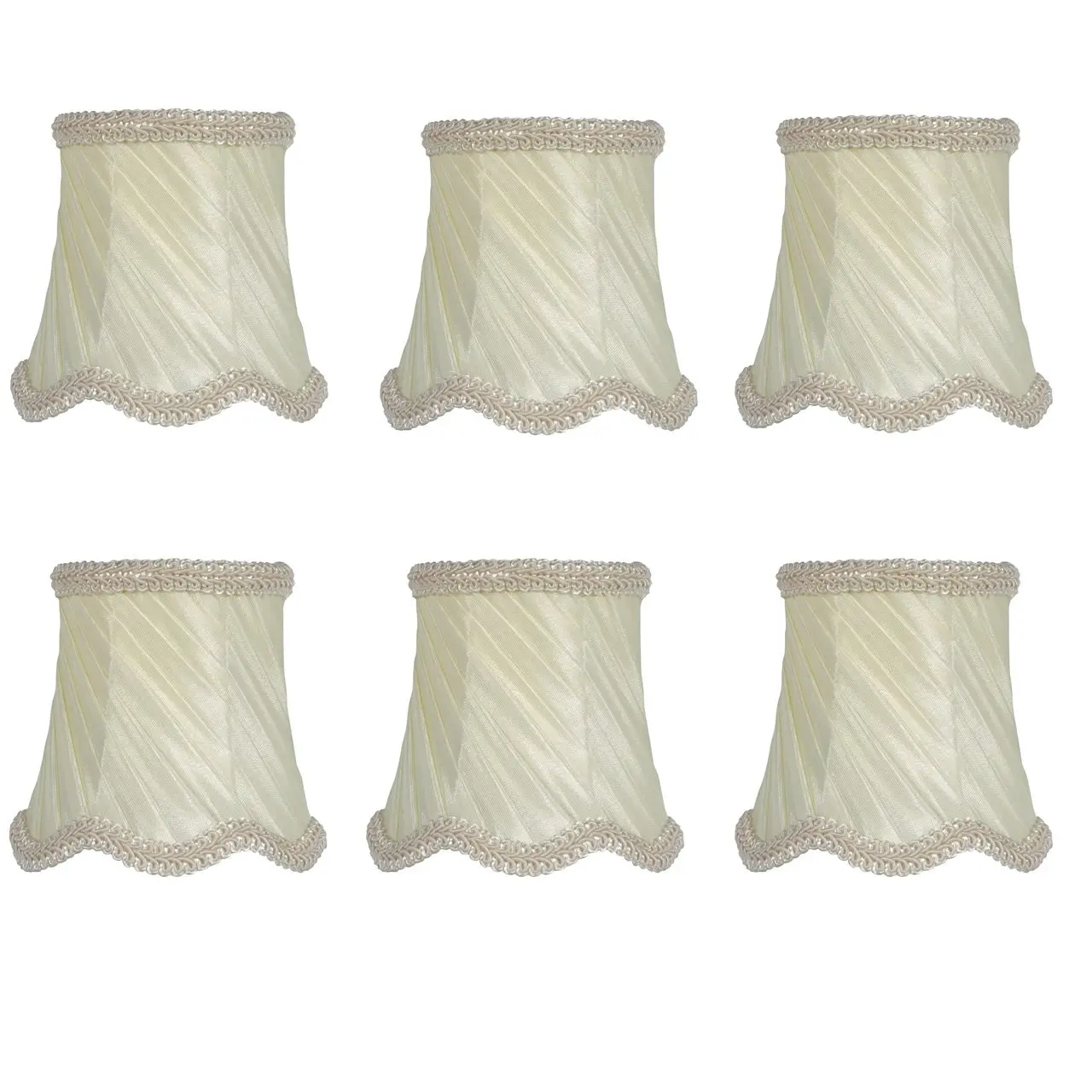 Upgradelights 3 Inch Pleated Drum Clip On Chandelier Lamp Shades in Eggshell Silk with swirl design and decorative embellishment (set of six).