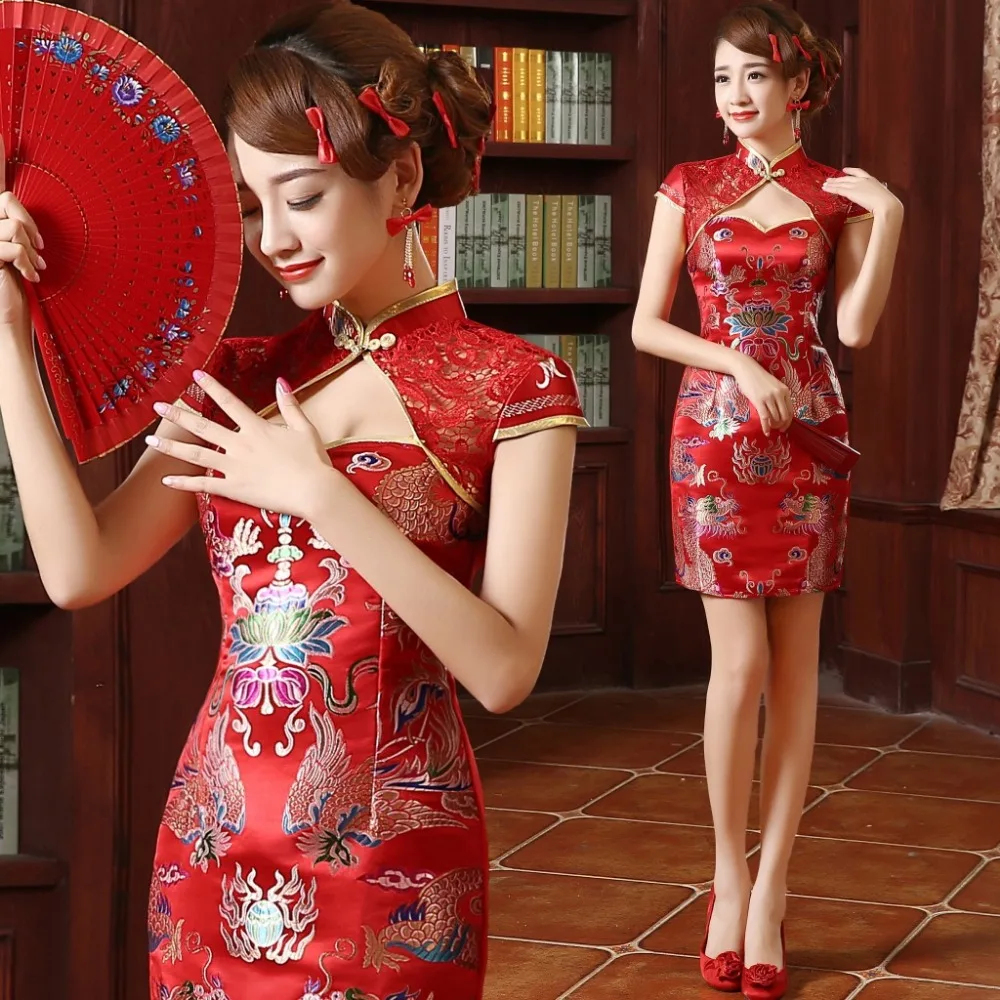 Wholesaley Hollow Slimming Short Red Mandarin Gown 