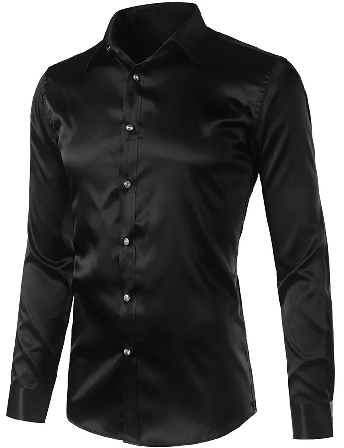Black Silk Shirt Men Silk Dress Shirt Long Sleeve Shiny Solid Color ...