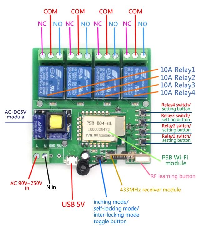 5V 4-Way Relay Switch Board 433M Module RF 30m Remote Self-locking Jogging