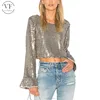 High quality reflective elegant long sleeve ladies designer sequin tops