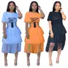 New Arrivals Fashion Women Casual O-Neck Short Sleeve Letter Printed T-Shirt Mesh See-through Skirt Patchwork Dress