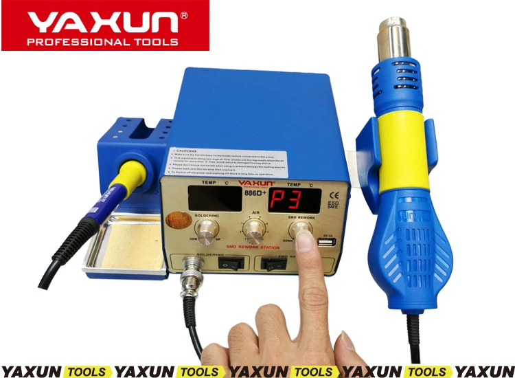 New with 5V,1A USB Output YAXUN 886D+ 2 in 1 SMD hot air & soldering station ,temperature Memory Function Rework station
