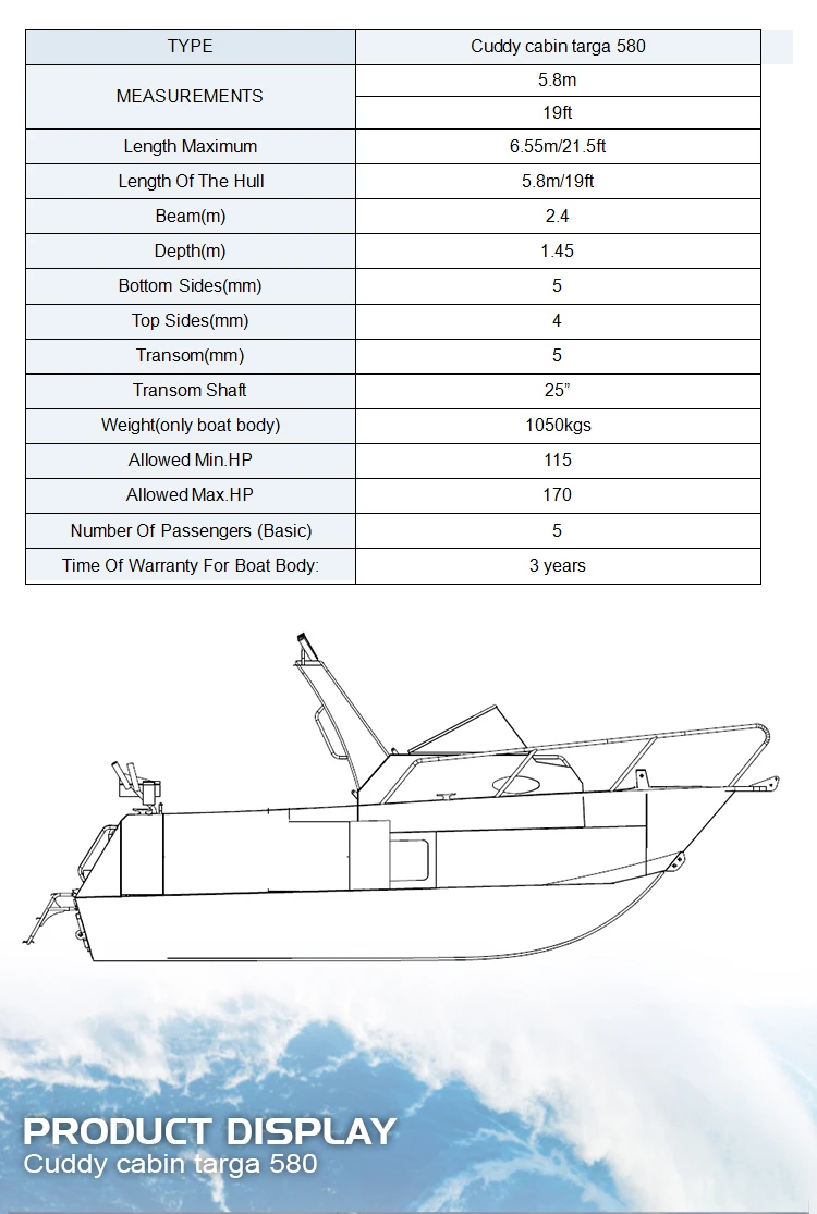 5.8m 19ft plate hull aluminum cuddy cabin fishing boat with targa