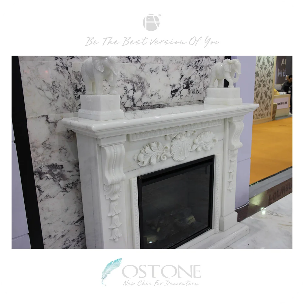 Detailed Carving Classic Fireplace Surrounding White Marble Mantel
