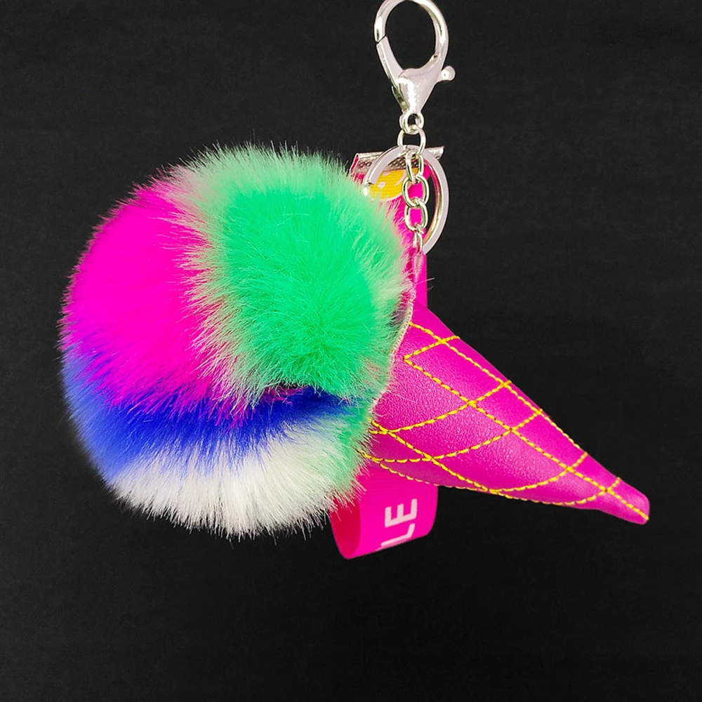 Yongze Fashion Faux Fur Puffball Keychain Ice Cream Shape Fuzzy Handbag