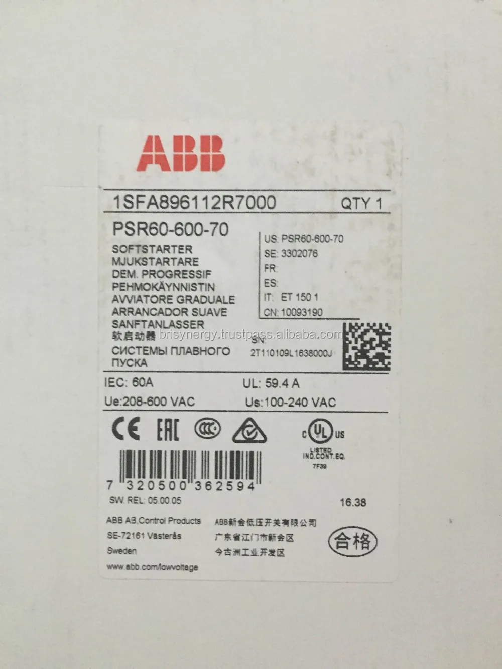 Psr60-600-70 Abb Softstarter Psr Series,100-240 Control Voltage,40hp ...