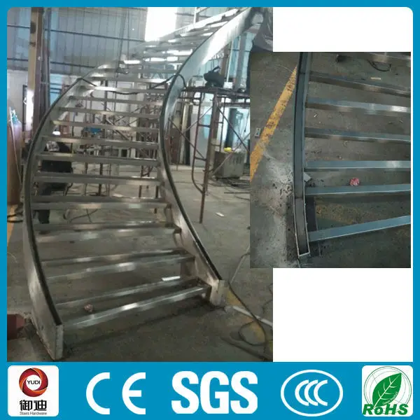 Curved Double Stainless Steel Stringer Stairs With Solid Wood Tread And