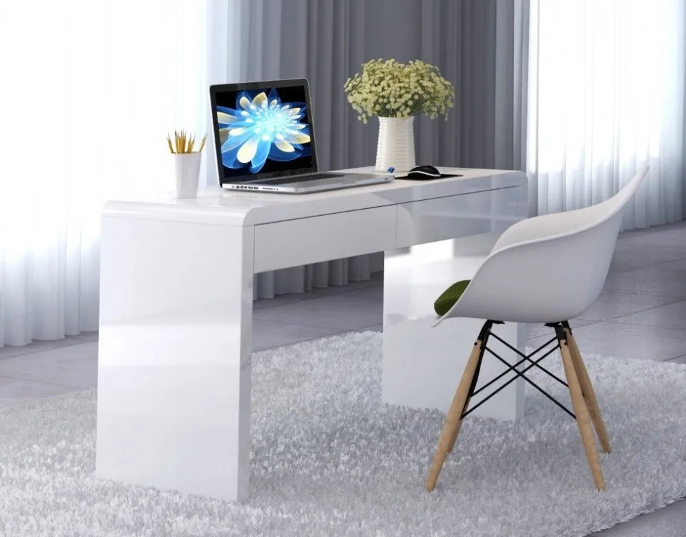 Home Office White Wooden High Gloss L Shape Standing Computer Desk