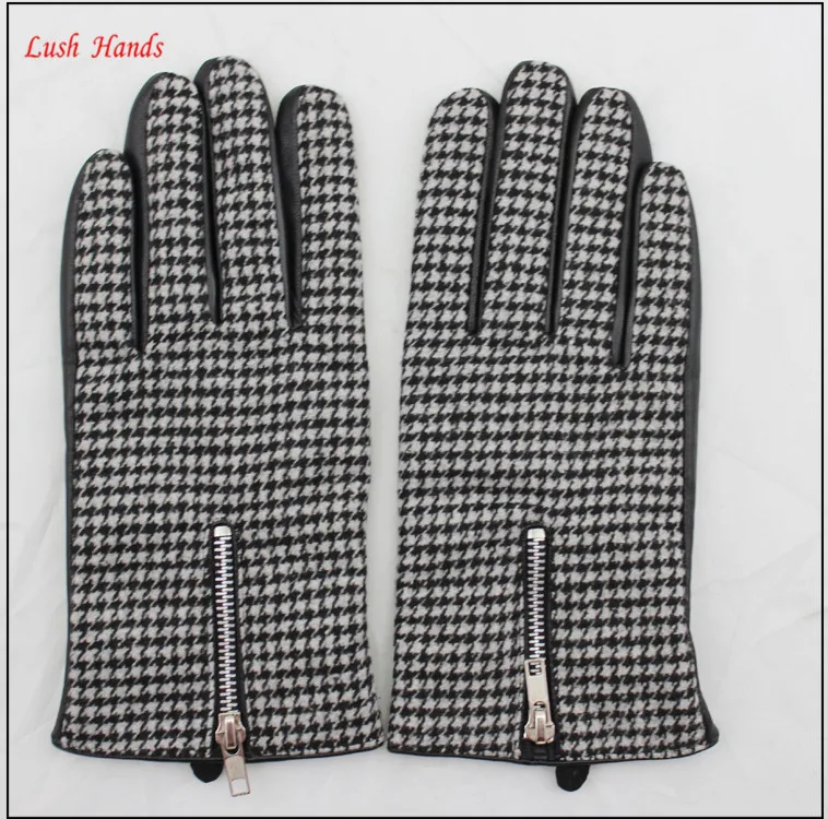 men's back of the black and white dot fabric and leather stitching design with zipper gloves