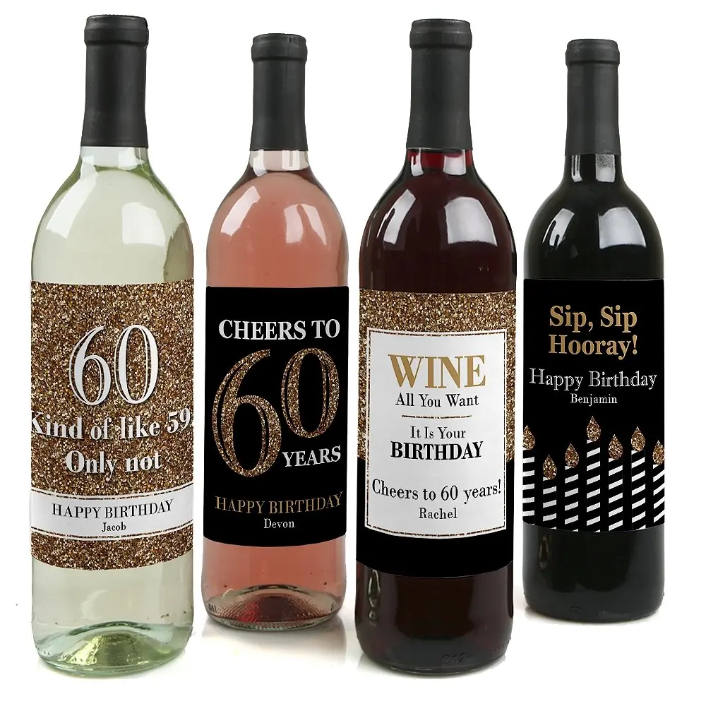 Custom Adult 60th Birthday - Gold - Personalized Birthday Party Wine Bottle Labels - Birthday Gift Idea - Set of 4