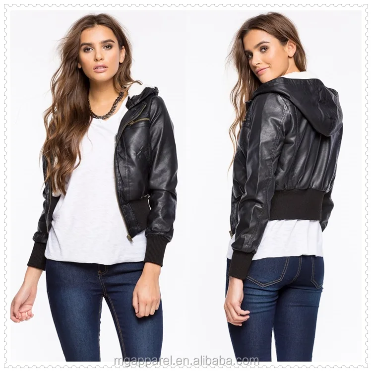womens leather bomber jacket with hood