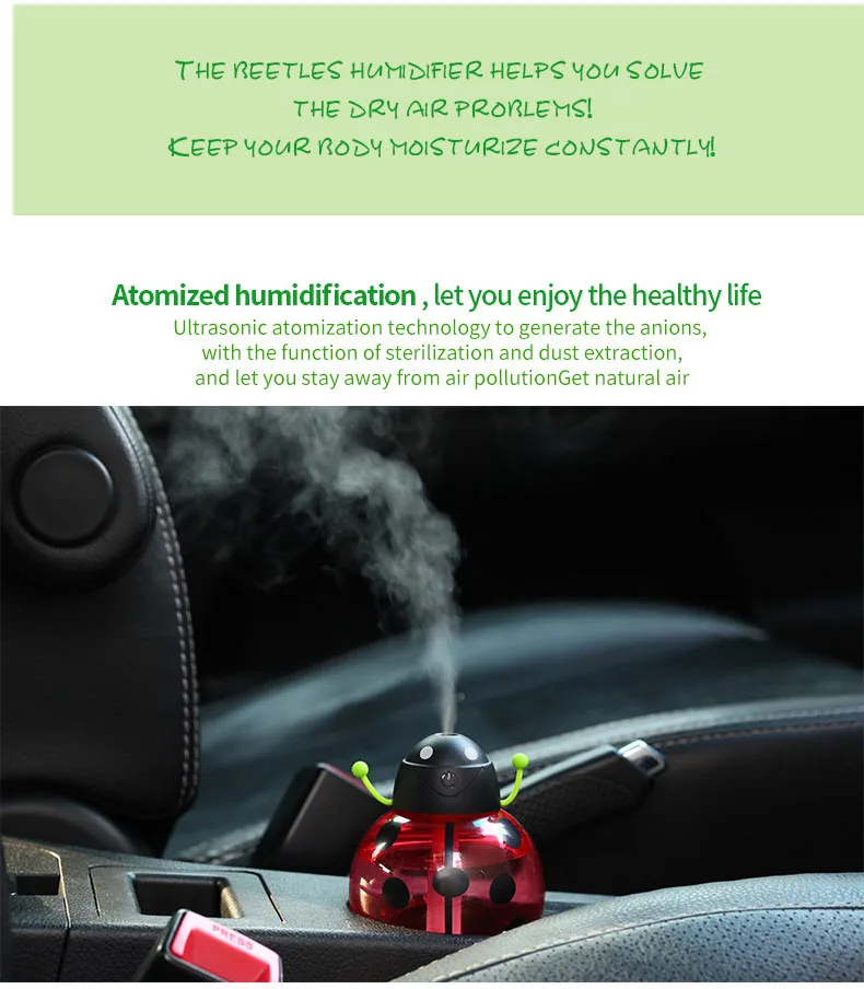 USB Powered Funny Beatle Home Car Aroma LED Humidifier Air Diffuser Purifier Atomizer Cartoon Design Creative