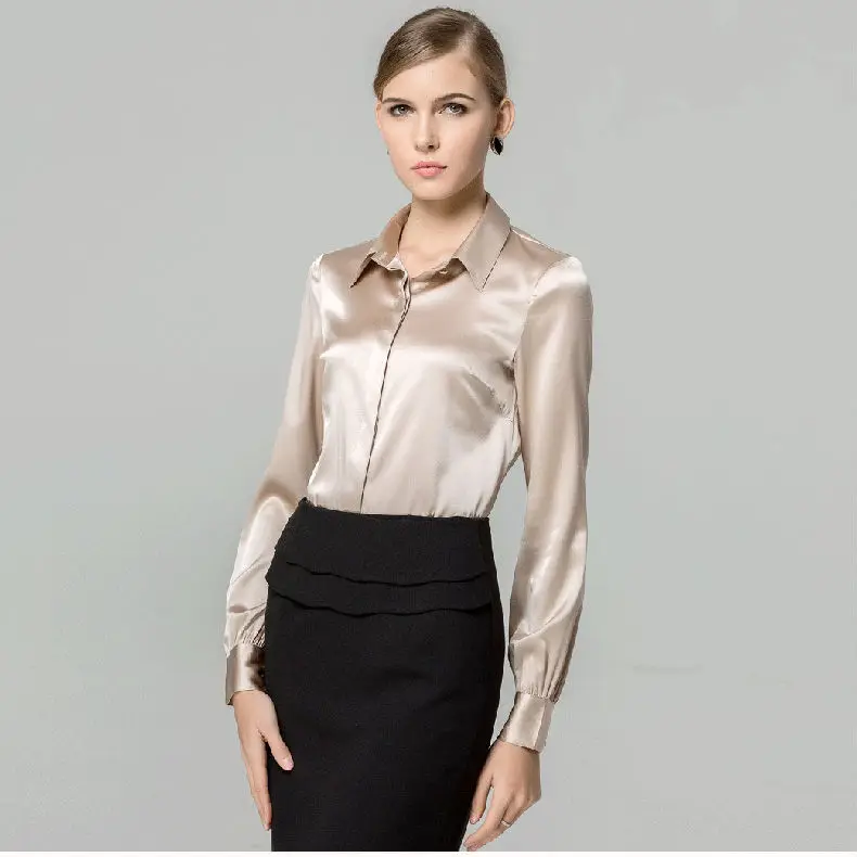 Ladies long sleeve silk blouses More Details No. 21 Button-Front Printed Blouson-Sleeve Silk Blouse Details No. 21 silk printed blouse with ruffle trim. Band collar; button front. Long, blouson sleeves.