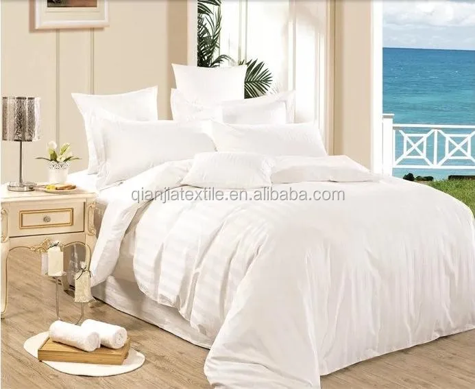 100% Cotton White Stripe Satin Bedding Set King Size Bedsheets Bedding Set for Hotel Woven 40 Disposable Solid Grade a QJ Sateen