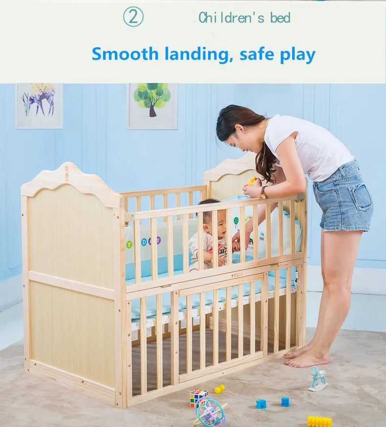 Convertible Natural Color Solid Pine Wood Cot Bed 3 In 1 Baby Crib For