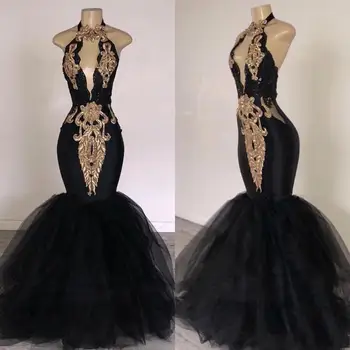 Zh1376x 2019 Black Prom Dresses With Gold Applique Mermaid South